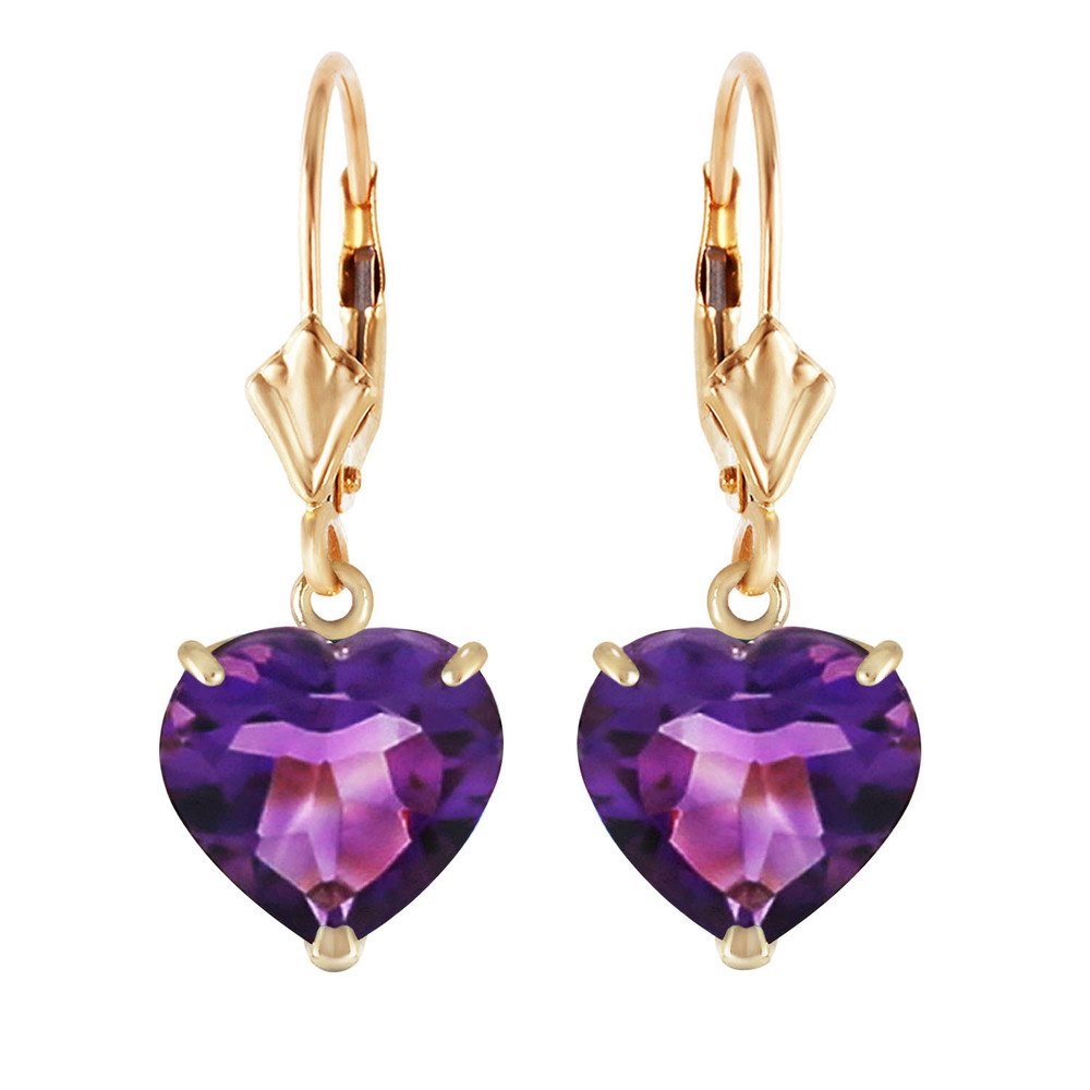 14K. SOLID GOLD LEVER BACK EARRINGS NATURAL 10mm HEART AMETHYSTS (Yellow Gold)